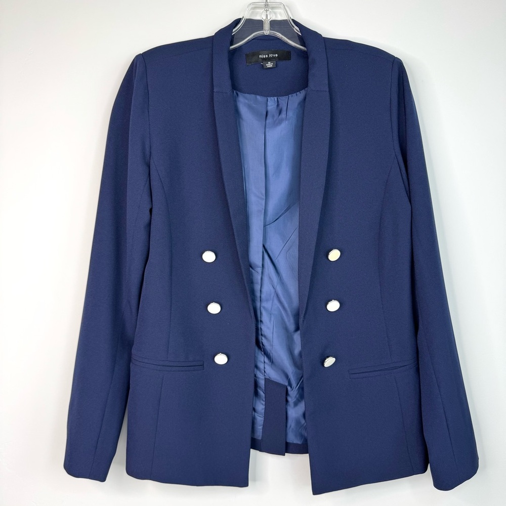 Miss Love Double-Breasted Blue Blazer Women’s Size Medium Open Jacket